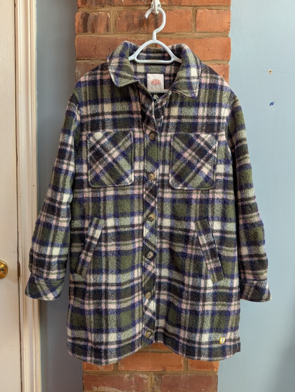 Armor Lux Pure Wool Oversized Plaid Coat In Green/Blue/White Size 38 EU